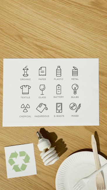 A white sheet of paper containing various minimalist black line icons representing waste categories such as organic, paper, plastic, metal, textile, glass, battery, bulbs, chemical, hazardous, e-waste